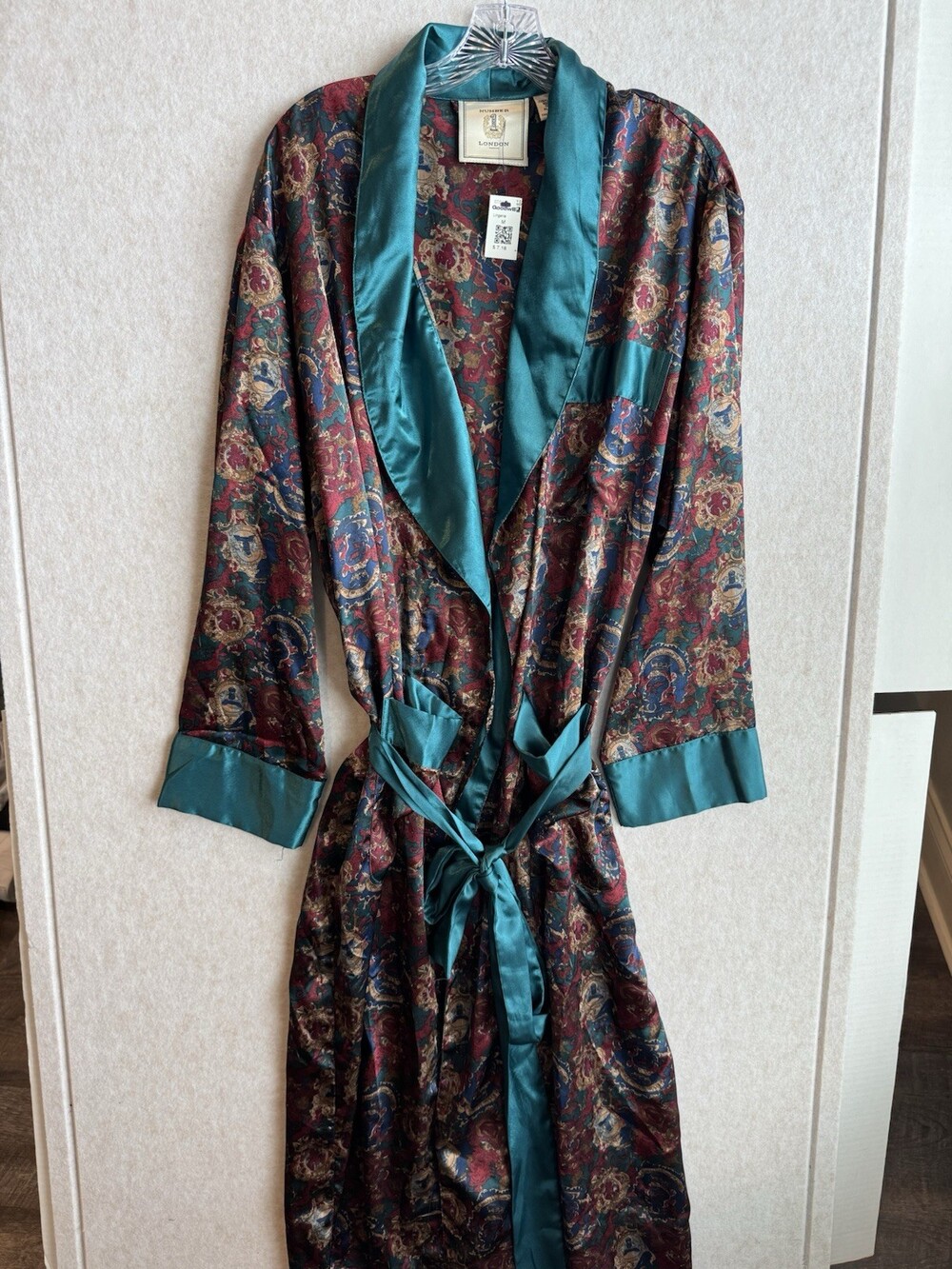 Vintage Number 1 London Robe S/M Teal Satin Heraldic Crest Smoking Jacket